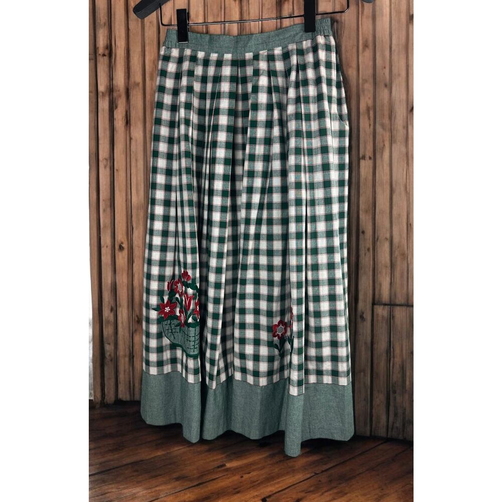 Perry Landhaus Pleated Maxi Skirt German Green Gingham Plaid Country Prairie 38 - Picture 2 of 16